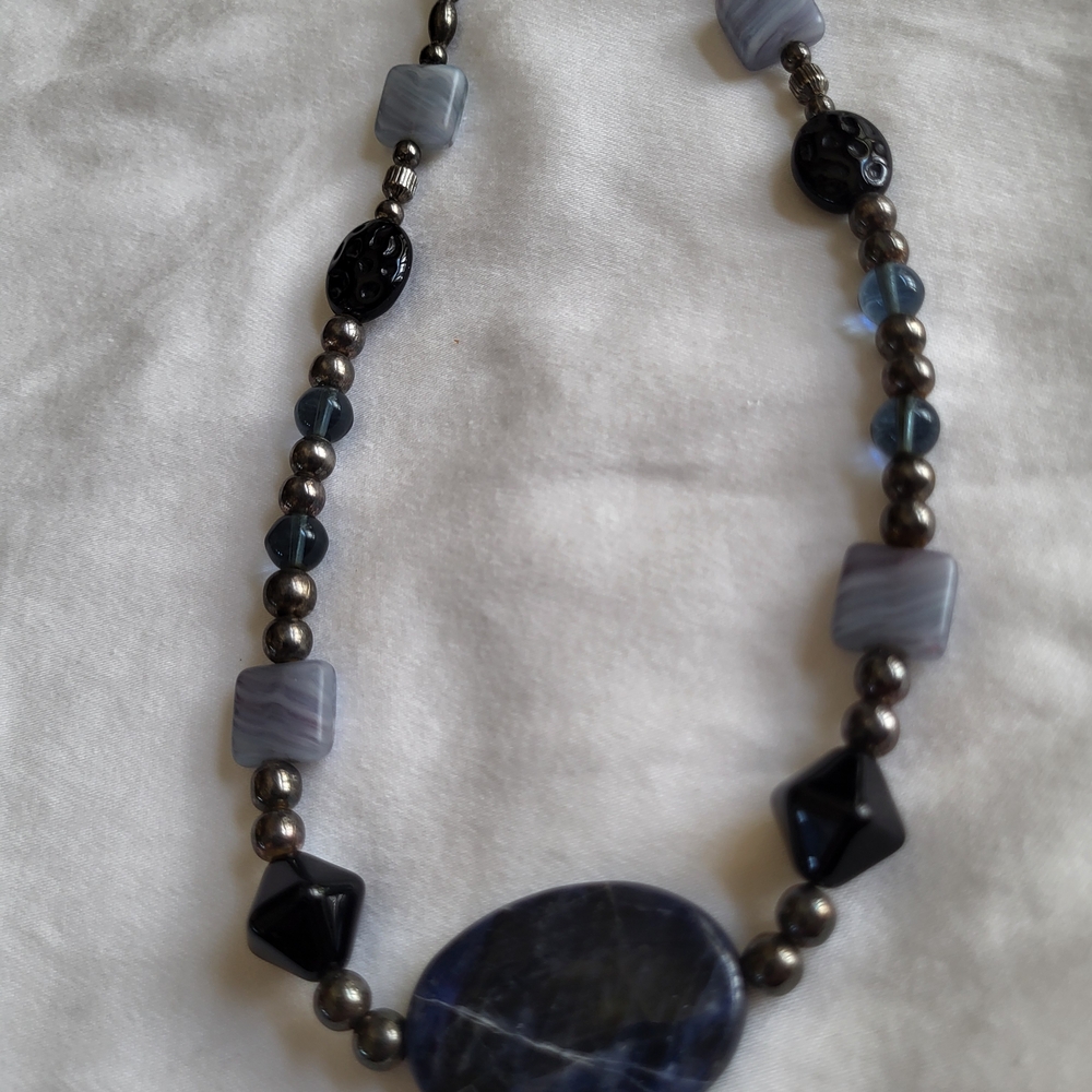 Artisan Blue, Grey and Black Necklace with Asymmetrical Beads. 15" Of Beauty